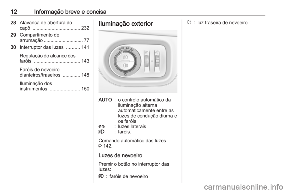 OPEL ASTRA K 2016.5  Manual de Instruções (in Portugues) 12Informação breve e concisa28Alavanca de abertura do
capô  ................................... 232
29 Compartimento de
arrumação ............................. 77
30 Interruptor das luzes  ......