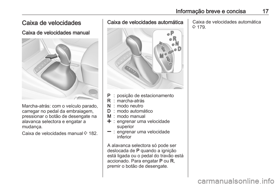 OPEL ASTRA K 2016.5  Manual de Instruções (in Portugues) Informação breve e concisa17Caixa de velocidades
Caixa de velocidades manual
Marcha-atrás: com o veículo parado,
carregar no pedal da embraiagem,
pressionar o botão de desengate na
alavanca selec