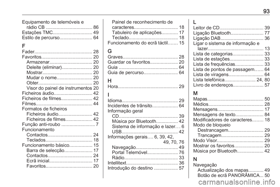 OPEL ASTRA K 2017 Manual de Informação e Lazer (in Portugues) 93Equipamento de telemóveis erádio CB ................................... 86
Estações TMC .............................. 49
Estilo de percurso .........................64
F Fader ................ OPEL ASTRA K 2017 Manual de Informação e Lazer (in Portugues) 93Equipamento de telemóveis erádio CB ................................... 86
Estações TMC .............................. 49
Estilo de percurso .........................64
F Fader ................