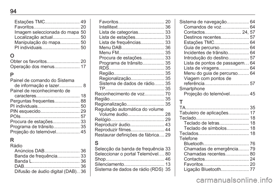 OPEL ASTRA K 2017 Manual de Informação e Lazer (in Portugues) 94Estações TMC........................... 49
Favoritos ................................... 20
Imagem seleccionada do mapa 50
Localização actual ....................50
Manipulação do mapa ....... OPEL ASTRA K 2017 Manual de Informação e Lazer (in Portugues) 94Estações TMC........................... 49
Favoritos ................................... 20
Imagem seleccionada do mapa 50
Localização actual ....................50
Manipulação do mapa .......