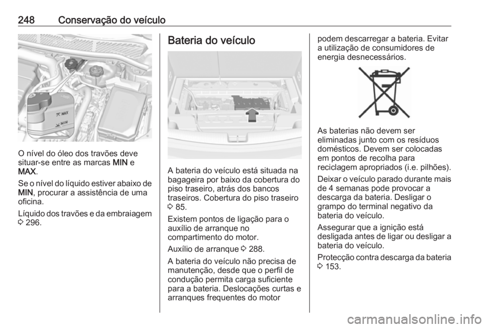 OPEL ASTRA K 2017 Manual de Instruções (in Portugues) 248Conservação do veículo
O nível do óleo dos travões deve
situar-se entre as marcas MIN e
MAX .
Se o nível do líquido estiver abaixo de MIN , procurar a assistência de uma
oficina.
Líquido OPEL ASTRA K 2017 Manual de Instruções (in Portugues) 248Conservação do veículo
O nível do óleo dos travões deve
situar-se entre as marcas MIN e
MAX .
Se o nível do líquido estiver abaixo de MIN , procurar a assistência de uma
oficina.
Líquido