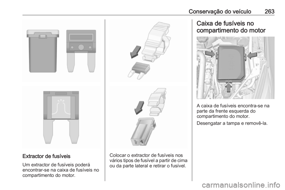 OPEL ASTRA K 2017 Manual de Instruções (in Portugues) Conservação do veículo263
Extractor de fusíveis
Um extractor de fusíveis poderá
encontrar-se na caixa de fusíveis no
compartimento do motor.Colocar o extractor de fusíveis nos
vários tipos de OPEL ASTRA K 2017 Manual de Instruções (in Portugues) Conservação do veículo263
Extractor de fusíveis
Um extractor de fusíveis poderá
encontrar-se na caixa de fusíveis no
compartimento do motor.Colocar o extractor de fusíveis nos
vários tipos de