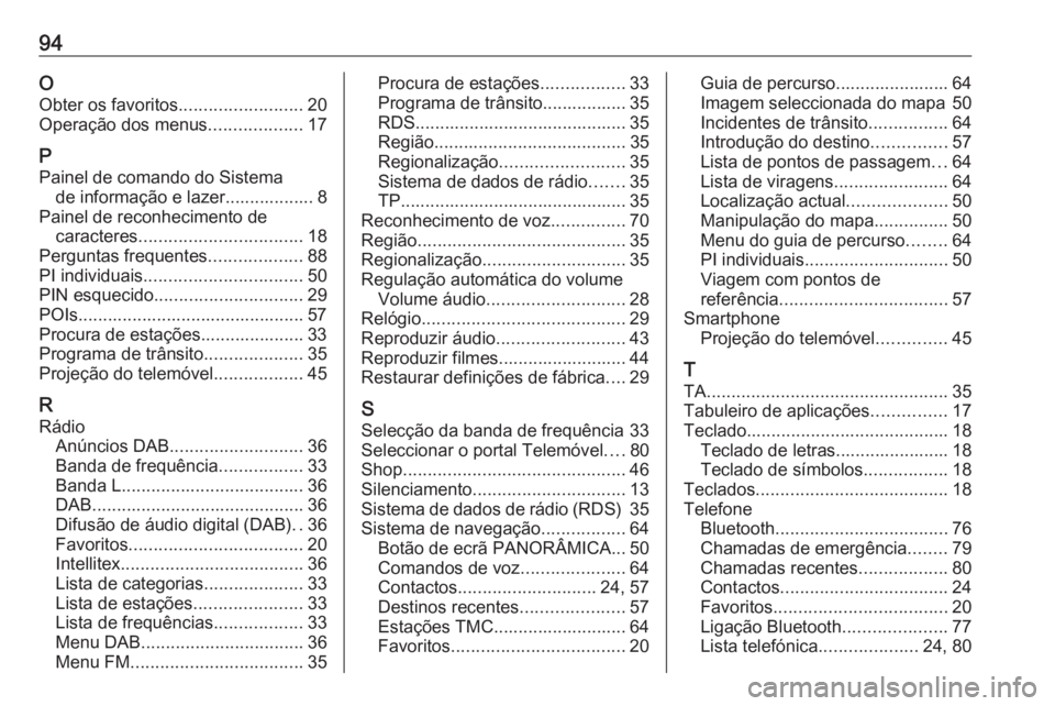 OPEL ASTRA K 2017.5 Manual de Informação e Lazer (in Portugues) 94O
Obter os favoritos .........................20
Operação dos menus ...................17
P Painel de comando do Sistema de informação e lazer.................. 8
Painel de reconhecimento de car OPEL ASTRA K 2017.5 Manual de Informação e Lazer (in Portugues) 94O
Obter os favoritos .........................20
Operação dos menus ...................17
P Painel de comando do Sistema de informação e lazer.................. 8
Painel de reconhecimento de car