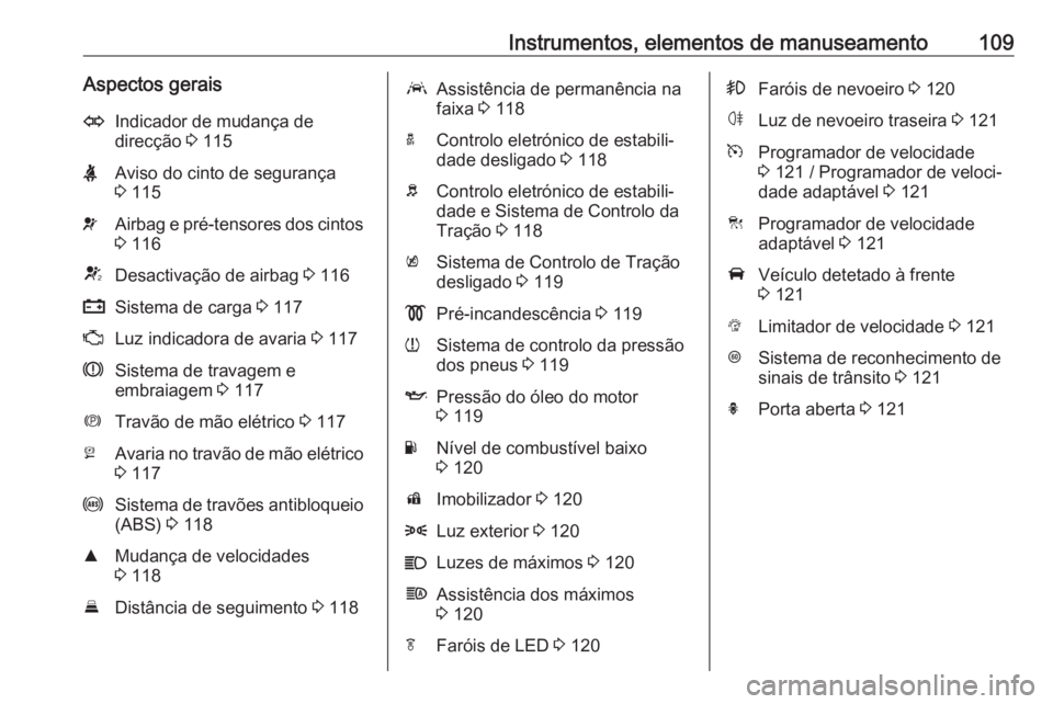 OPEL ASTRA K 2017.5 Manual de Instruções (in Portugues) Instrumentos, elementos de manuseamento109Aspectos geraisOIndicador de mudança de
direcção 3 115XAviso do cinto de segurança
3 115vAirbag e pré-tensores dos cintos
3 116VDesactivação de airb OPEL ASTRA K 2017.5 Manual de Instruções (in Portugues) Instrumentos, elementos de manuseamento109Aspectos geraisOIndicador de mudança de
direcção 3 115XAviso do cinto de segurança
3 115vAirbag e pré-tensores dos cintos
3 116VDesactivação de airb
