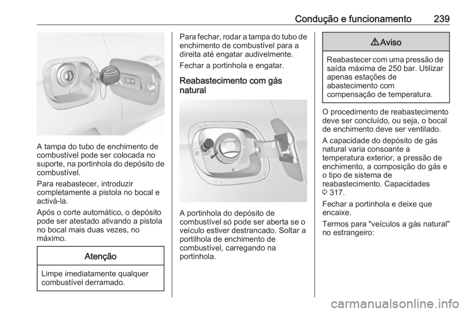 OPEL ASTRA K 2017.5 Manual de Instruções (in Portugues) Condução e funcionamento239
A tampa do tubo de enchimento de
combustível pode ser colocada no
suporte, na portinhola do depósito de
combustível.
Para reabastecer, introduzir
completamente a pisto OPEL ASTRA K 2017.5 Manual de Instruções (in Portugues) Condução e funcionamento239
A tampa do tubo de enchimento de
combustível pode ser colocada no
suporte, na portinhola do depósito de
combustível.
Para reabastecer, introduzir
completamente a pisto