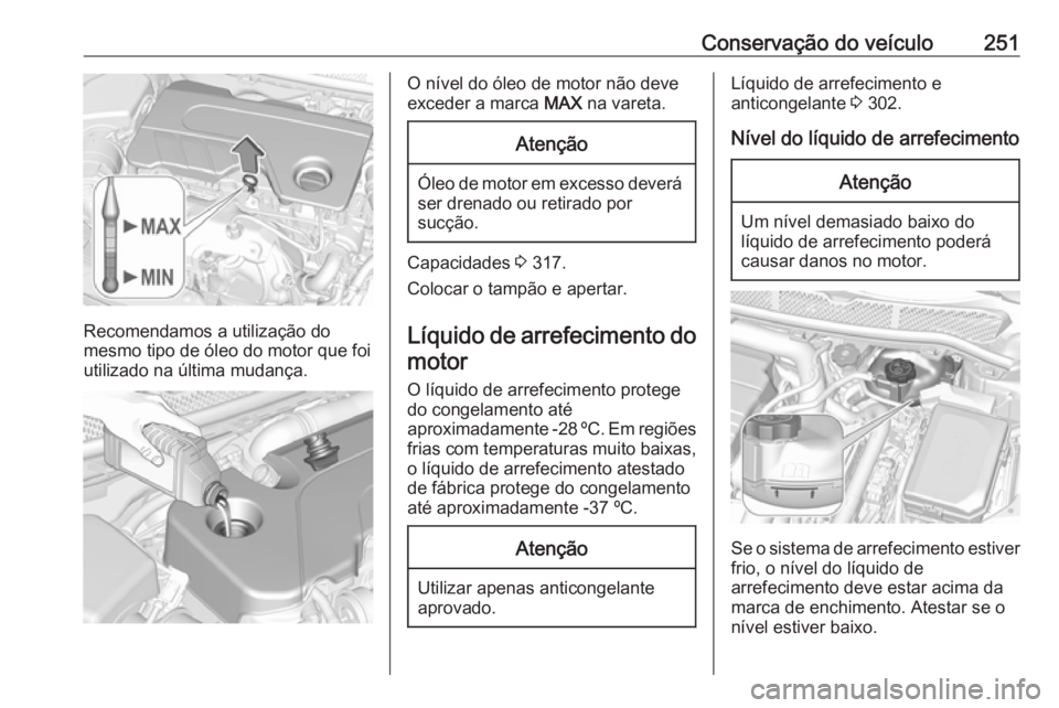 OPEL ASTRA K 2017.5 Manual de Instruções (in Portugues) Conservação do veículo251
Recomendamos a utilização do
mesmo tipo de óleo do motor que foi utilizado na última mudança.
O nível do óleo de motor não deve
exceder a marca MAX na vareta.Aten OPEL ASTRA K 2017.5 Manual de Instruções (in Portugues) Conservação do veículo251
Recomendamos a utilização do
mesmo tipo de óleo do motor que foi utilizado na última mudança.
O nível do óleo de motor não deve
exceder a marca MAX na vareta.Aten