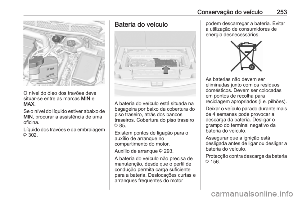 OPEL ASTRA K 2017.5 Manual de Instruções (in Portugues) Conservação do veículo253
O nível do óleo dos travões deve
situar-se entre as marcas MIN e
MAX .
Se o nível do líquido estiver abaixo de MIN , procurar a assistência de uma
oficina.
Líquido OPEL ASTRA K 2017.5 Manual de Instruções (in Portugues) Conservação do veículo253
O nível do óleo dos travões deve
situar-se entre as marcas MIN e
MAX .
Se o nível do líquido estiver abaixo de MIN , procurar a assistência de uma
oficina.
Líquido