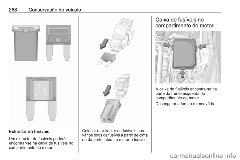 OPEL ASTRA K 2017.5  Manual de Instruções (in Portugues) 268Conservação do veículo
Extractor de fusíveis
Um extractor de fusíveis poderá
encontrar-se na caixa de fusíveis no
compartimento do motor.Colocar o extractor de fusíveis nos
vários tipos de