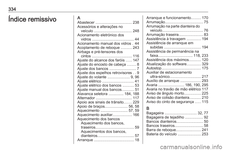 OPEL ASTRA K 2017.5 Manual de Instruções (in Portugues) 334Índice remissivoAAbastecer .................................. 238
Acessórios e alterações no veículo .................................... 248
Acionamento eletrónico dos vidros ............. OPEL ASTRA K 2017.5 Manual de Instruções (in Portugues) 334Índice remissivoAAbastecer .................................. 238
Acessórios e alterações no veículo .................................... 248
Acionamento eletrónico dos vidros .............