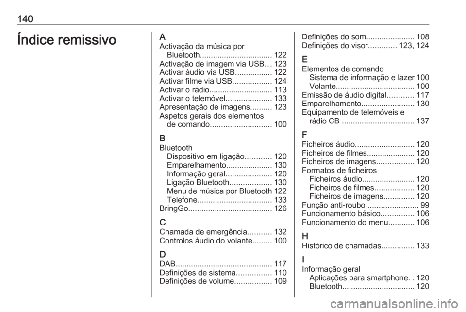 OPEL ASTRA K 2018 Manual de Informação e Lazer (in Portugues) 140Índice remissivoAActivação da música por Bluetooth ................................. 122
Activação de imagem via USB ...123
Activar áudio via USB .................122
Activar filme via USB . OPEL ASTRA K 2018 Manual de Informação e Lazer (in Portugues) 140Índice remissivoAActivação da música por Bluetooth ................................. 122
Activação de imagem via USB ...123
Activar áudio via USB .................122
Activar filme via USB .