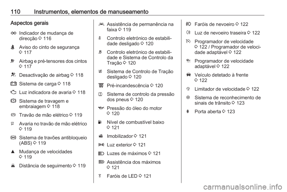 OPEL ASTRA K 2018 Manual de Instruções (in Portugues) 110Instrumentos, elementos de manuseamentoAspectos geraisOIndicador de mudança de
direcção 3 116XAviso do cinto de segurança
3 117vAirbag e pré-tensores dos cintos
3 117VDesactivação de airb OPEL ASTRA K 2018 Manual de Instruções (in Portugues) 110Instrumentos, elementos de manuseamentoAspectos geraisOIndicador de mudança de
direcção 3 116XAviso do cinto de segurança
3 117vAirbag e pré-tensores dos cintos
3 117VDesactivação de airb