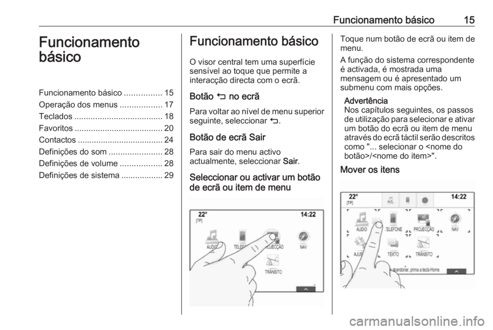 OPEL ASTRA K 2018.5  Manual de Informação e Lazer (in Portugues) Funcionamento básico15Funcionamento
básicoFuncionamento básico ................15
Operação dos menus ..................17
Teclados ...................................... 18
Favoritos ............