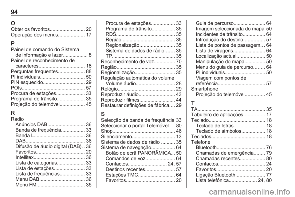 OPEL ASTRA K 2018.5 Manual de Informação e Lazer (in Portugues) 94O
Obter os favoritos .........................20
Operação dos menus ...................17
P Painel de comando do Sistema de informação e lazer.................. 8
Painel de reconhecimento de car OPEL ASTRA K 2018.5 Manual de Informação e Lazer (in Portugues) 94O
Obter os favoritos .........................20
Operação dos menus ...................17
P Painel de comando do Sistema de informação e lazer.................. 8
Painel de reconhecimento de car