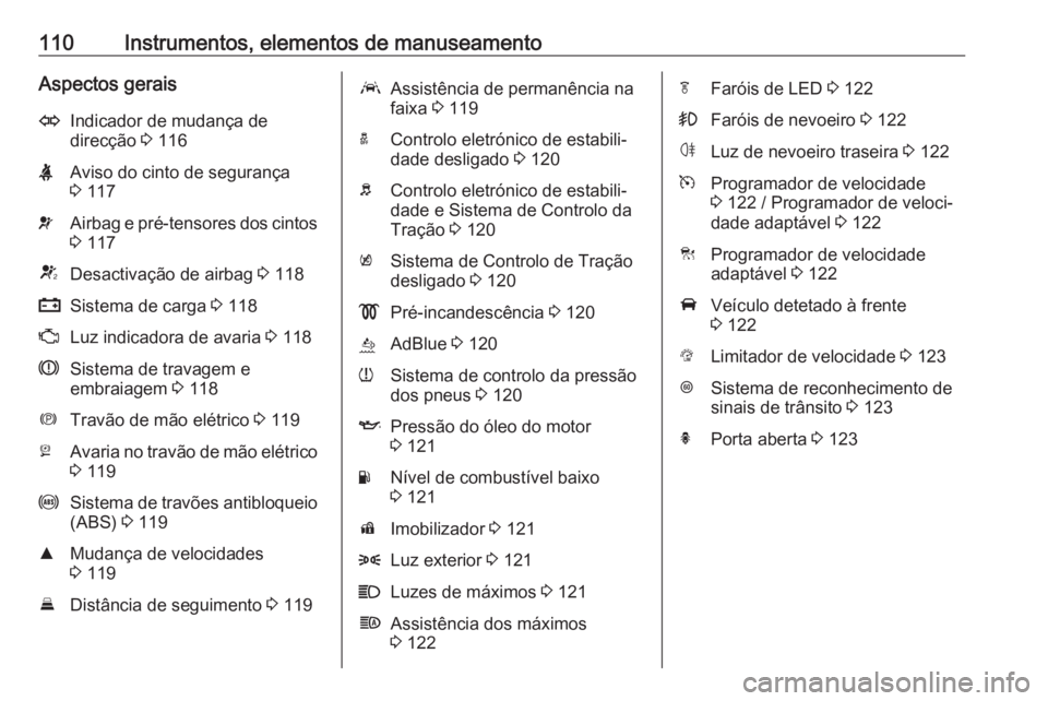 OPEL ASTRA K 2018.5 Manual de Instruções (in Portugues) 110Instrumentos, elementos de manuseamentoAspectos geraisOIndicador de mudança de
direcção 3 116XAviso do cinto de segurança
3 117vAirbag e pré-tensores dos cintos
3 117VDesactivação de airb OPEL ASTRA K 2018.5 Manual de Instruções (in Portugues) 110Instrumentos, elementos de manuseamentoAspectos geraisOIndicador de mudança de
direcção 3 116XAviso do cinto de segurança
3 117vAirbag e pré-tensores dos cintos
3 117VDesactivação de airb