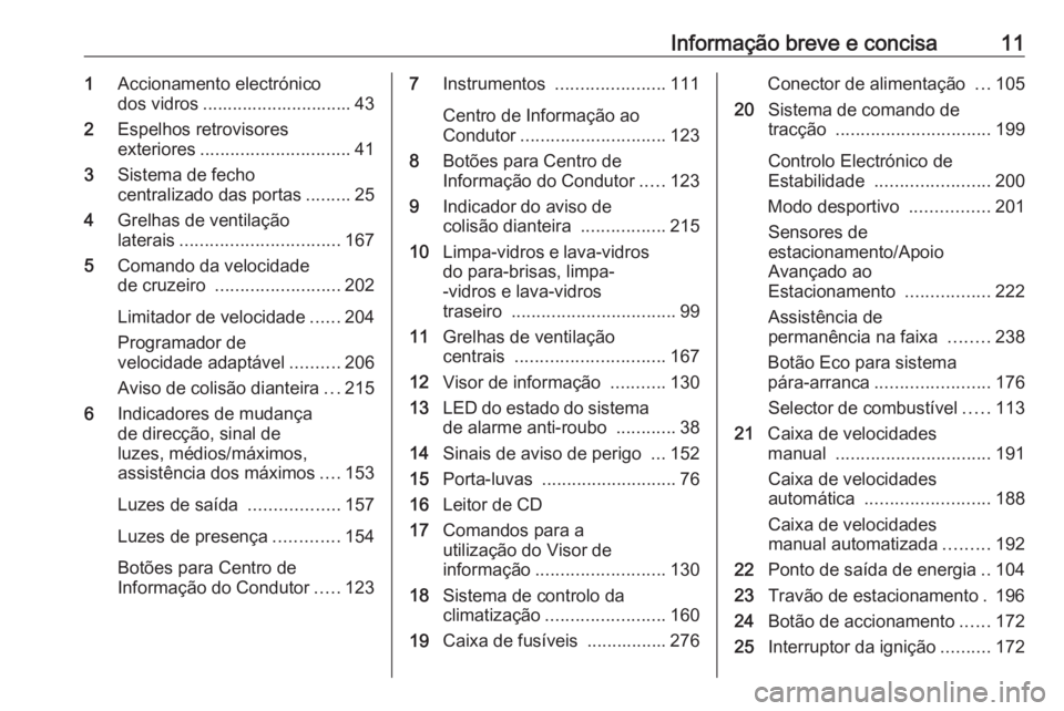 OPEL ASTRA K 2018.5 Manual de Instruções (in Portugues) Informação breve e concisa111Accionamento electrónico
dos vidros .............................. 43
2 Espelhos retrovisores
exteriores .............................. 41
3 Sistema de fecho
centraliza OPEL ASTRA K 2018.5 Manual de Instruções (in Portugues) Informação breve e concisa111Accionamento electrónico
dos vidros .............................. 43
2 Espelhos retrovisores
exteriores .............................. 41
3 Sistema de fecho
centraliza