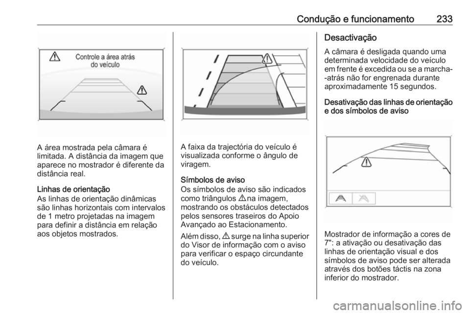 OPEL ASTRA K 2018.5  Manual de Instruções (in Portugues) Condução e funcionamento233
A área mostrada pela câmara é
limitada. A distância da imagem que
aparece no mostrador é diferente da
distância real.
Linhas de orientação
As linhas de orientaç