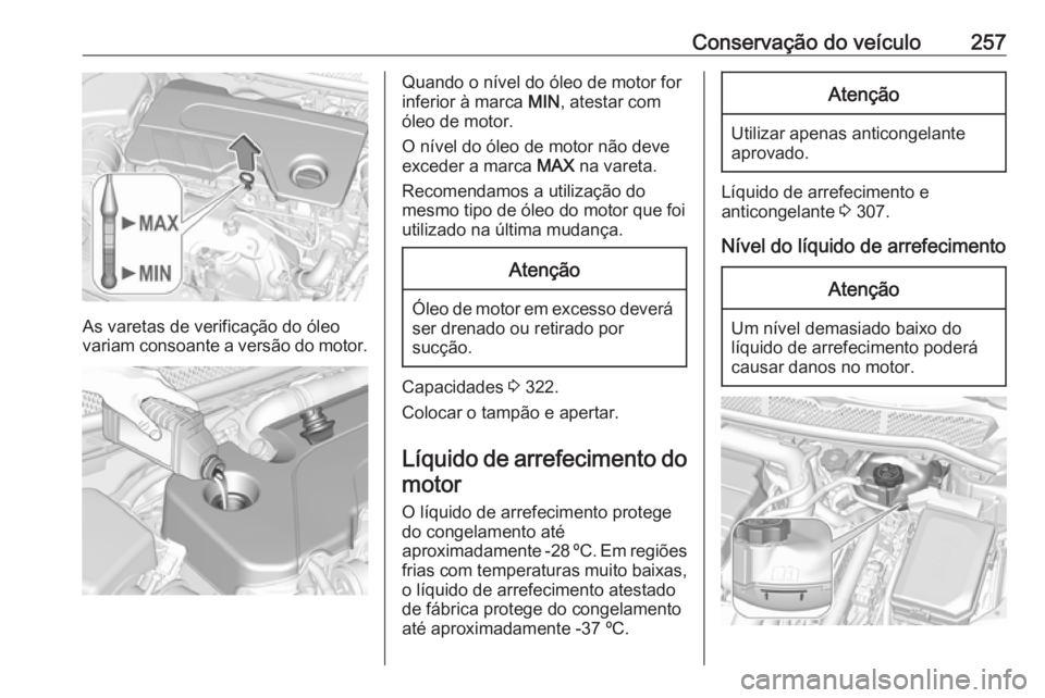 OPEL ASTRA K 2018.5  Manual de Instruções (in Portugues) Conservação do veículo257
As varetas de verificação do óleo
variam consoante a versão do motor.
Quando o nível do óleo de motor for
inferior à marca  MIN, atestar com
óleo de motor.
O níve