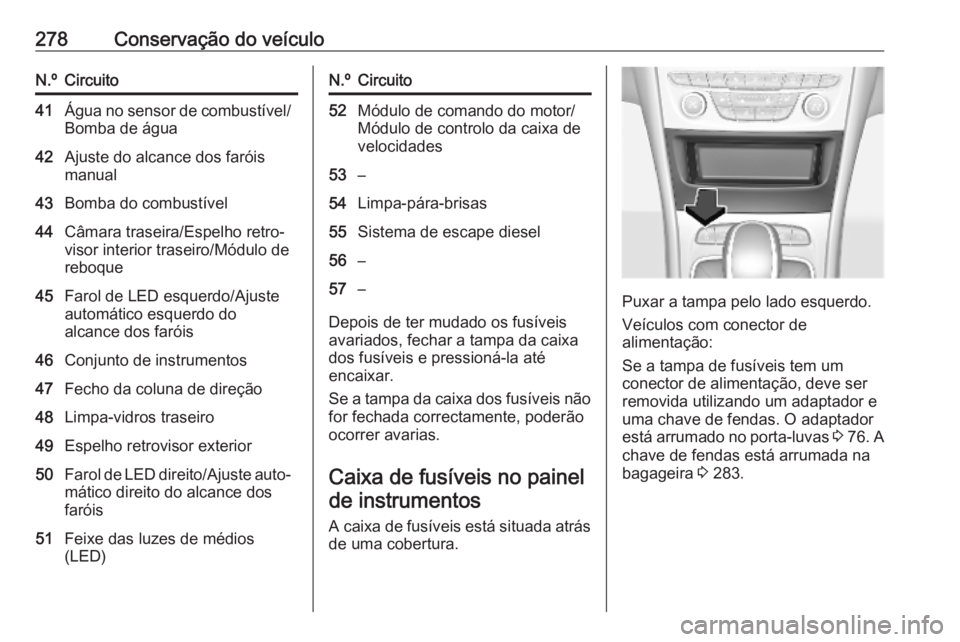 OPEL ASTRA K 2018.75  Manual de Instruções (in Portugues) 278Conservação do veículoN.ºCircuito41Água no sensor de combustível/Bomba de água42Ajuste do alcance dos faróis
manual43Bomba do combustível44Câmara traseira/Espelho retro‐
visor interior 