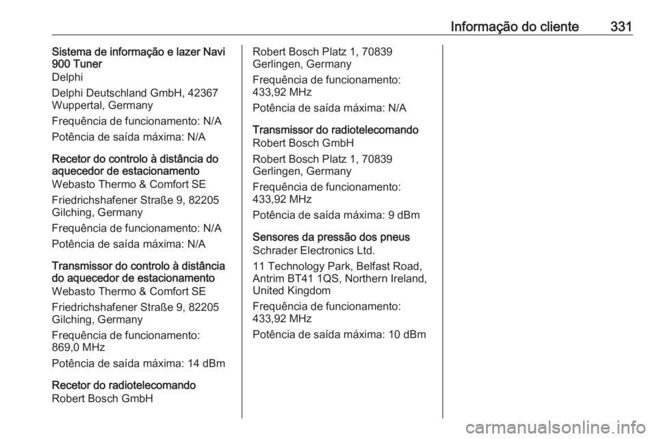 OPEL ASTRA K 2018.75 Manual de Instruções (in Portugues) Informação do cliente331Sistema de informação e lazer Navi
900 Tuner
Delphi
Delphi Deutschland GmbH, 42367
Wuppertal, Germany
Frequência de funcionamento: N/A
Potência de saída máxima: N/A
Rec OPEL ASTRA K 2018.75 Manual de Instruções (in Portugues) Informação do cliente331Sistema de informação e lazer Navi
900 Tuner
Delphi
Delphi Deutschland GmbH, 42367
Wuppertal, Germany
Frequência de funcionamento: N/A
Potência de saída máxima: N/A
Rec