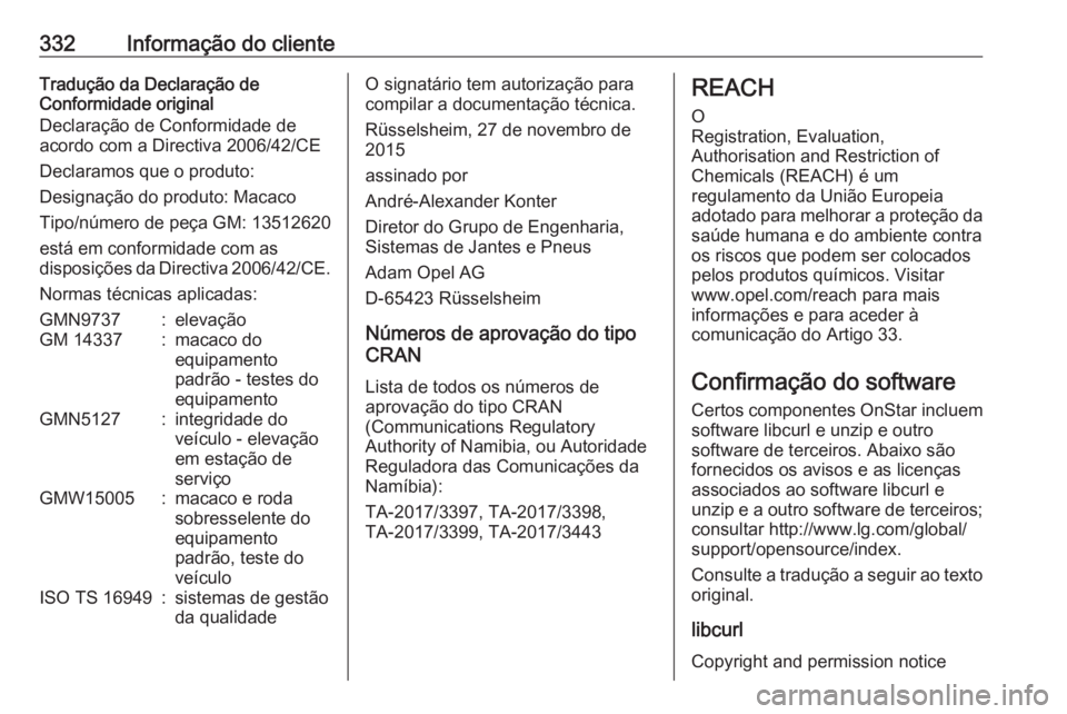 OPEL ASTRA K 2019 Manual de Instruções (in Portugues) 332Informação do clienteTradução da Declaração de
Conformidade original
Declaração de Conformidade de
acordo com a Directiva 2006/42/CE
Declaramos que o produto:
Designação do produto: Macac OPEL ASTRA K 2019 Manual de Instruções (in Portugues) 332Informação do clienteTradução da Declaração de
Conformidade original
Declaração de Conformidade de
acordo com a Directiva 2006/42/CE
Declaramos que o produto:
Designação do produto: Macac