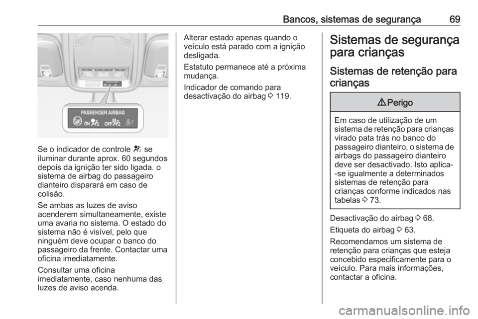 OPEL ASTRA K 2019 Manual de Instruções (in Portugues) Bancos, sistemas de segurança69
Se o indicador de controle V se
iluminar durante aprox. 60 segundos
depois da ignição ter sido ligada. o
sistema de airbag do passageiro
dianteiro disparará em caso OPEL ASTRA K 2019 Manual de Instruções (in Portugues) Bancos, sistemas de segurança69
Se o indicador de controle V se
iluminar durante aprox. 60 segundos
depois da ignição ter sido ligada. o
sistema de airbag do passageiro
dianteiro disparará em caso
