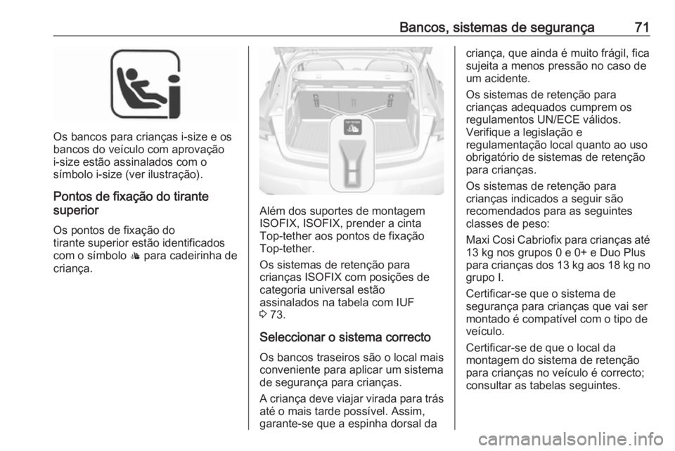 OPEL ASTRA K 2019 Manual de Instruções (in Portugues) Bancos, sistemas de segurança71
Os bancos para crianças i-size e os
bancos do veículo com aprovação
i-size estão assinalados com o
símbolo i-size (ver ilustração).
Pontos de fixação do tira OPEL ASTRA K 2019 Manual de Instruções (in Portugues) Bancos, sistemas de segurança71
Os bancos para crianças i-size e os
bancos do veículo com aprovação
i-size estão assinalados com o
símbolo i-size (ver ilustração).
Pontos de fixação do tira