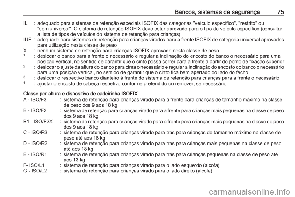 OPEL ASTRA K 2019 Manual de Instruções (in Portugues) Bancos, sistemas de segurança75IL:adequado para sistemas de retenção especiais ISOFIX das categorias "veículo específico", "restrito" ou
"semiuniversal". O sistema de rete OPEL ASTRA K 2019 Manual de Instruções (in Portugues) Bancos, sistemas de segurança75IL:adequado para sistemas de retenção especiais ISOFIX das categorias "veículo específico", "restrito" ou
"semiuniversal". O sistema de rete