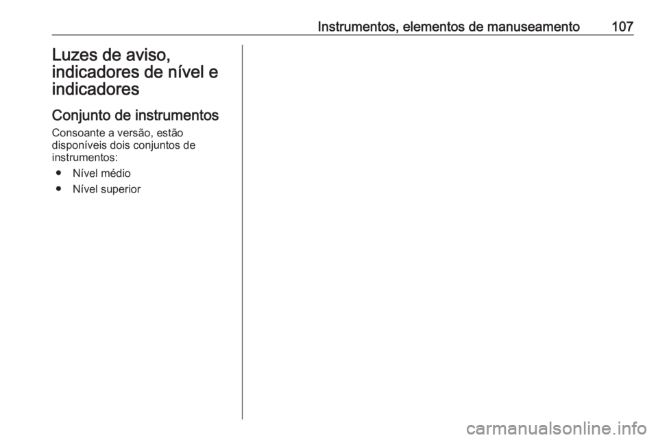 OPEL ASTRA K 2019.5 Manual de Instruções (in Portugues) Instrumentos, elementos de manuseamento107Luzes de aviso,
indicadores de nível e
indicadores
Conjunto de instrumentos Consoante a versão, estão
disponíveis dois conjuntos de
instrumentos:
● Nív OPEL ASTRA K 2019.5 Manual de Instruções (in Portugues) Instrumentos, elementos de manuseamento107Luzes de aviso,
indicadores de nível e
indicadores
Conjunto de instrumentos Consoante a versão, estão
disponíveis dois conjuntos de
instrumentos:
● Nív