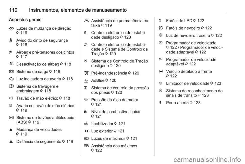 OPEL ASTRA K 2019.5 Manual de Instruções (in Portugues) 110Instrumentos, elementos de manuseamentoAspectos geraisOLuzes de mudança de direção
3 116XAviso do cinto de segurança
3 116vAirbag e pré-tensores dos cintos
3 117VDesactivação de airbag 3 OPEL ASTRA K 2019.5 Manual de Instruções (in Portugues) 110Instrumentos, elementos de manuseamentoAspectos geraisOLuzes de mudança de direção
3 116XAviso do cinto de segurança
3 116vAirbag e pré-tensores dos cintos
3 117VDesactivação de airbag 3