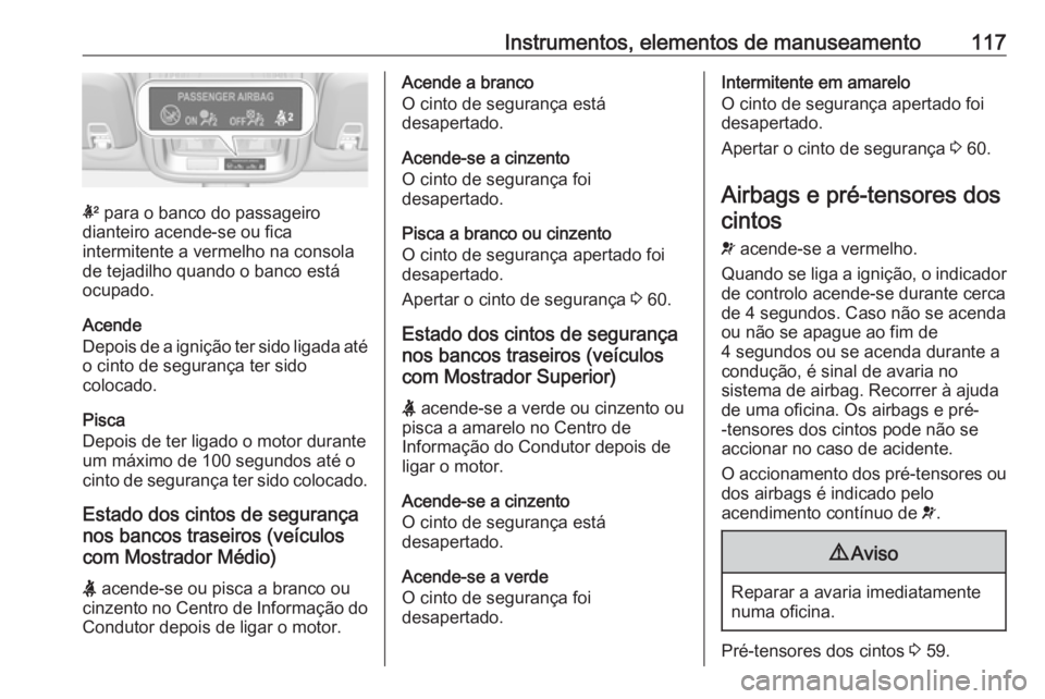 OPEL ASTRA K 2019.5 Manual de Instruções (in Portugues) Instrumentos, elementos de manuseamento117
k para o banco do passageiro
dianteiro acende-se ou fica
intermitente a vermelho na consola
de tejadilho quando o banco está
ocupado.
Acende
Depois de a ign OPEL ASTRA K 2019.5 Manual de Instruções (in Portugues) Instrumentos, elementos de manuseamento117
k para o banco do passageiro
dianteiro acende-se ou fica
intermitente a vermelho na consola
de tejadilho quando o banco está
ocupado.
Acende
Depois de a ign