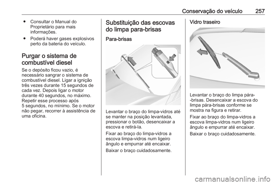 OPEL ASTRA K 2019.5 Manual de Instruções (in Portugues) Conservação do veículo257● Consultar o Manual doProprietário para mais
informações.
● Poderá haver gases explosivos perto da bateria do veículo.
Purgar o sistema de combustível diesel
Se OPEL ASTRA K 2019.5 Manual de Instruções (in Portugues) Conservação do veículo257● Consultar o Manual doProprietário para mais
informações.
● Poderá haver gases explosivos perto da bateria do veículo.
Purgar o sistema de combustível diesel
Se