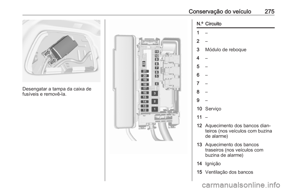 OPEL ASTRA K 2019.5 Manual de Instruções (in Portugues) Conservação do veículo275
Desengatar a tampa da caixa de
fusíveis e removê-la.
N.ºCircuito1–2–3Módulo de reboque4–5–6–7–8–9–10Serviço11–12Aquecimento dos bancos dian‐
teiro OPEL ASTRA K 2019.5 Manual de Instruções (in Portugues) Conservação do veículo275
Desengatar a tampa da caixa de
fusíveis e removê-la.
N.ºCircuito1–2–3Módulo de reboque4–5–6–7–8–9–10Serviço11–12Aquecimento dos bancos dian‐
teiro