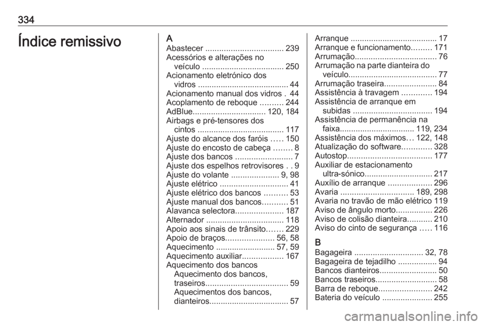 OPEL ASTRA K 2019.5 Manual de Instruções (in Portugues) 334Índice remissivoAAbastecer .................................. 239
Acessórios e alterações no veículo .................................... 250
Acionamento eletrónico dos vidros ............. OPEL ASTRA K 2019.5 Manual de Instruções (in Portugues) 334Índice remissivoAAbastecer .................................. 239
Acessórios e alterações no veículo .................................... 250
Acionamento eletrónico dos vidros .............