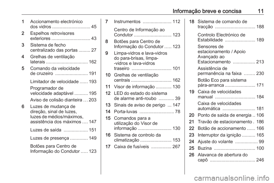 OPEL ASTRA K 2020 Manual de Instruções (in Portugues) Informação breve e concisa111Accionamento electrónico
dos vidros .............................. 45
2 Espelhos retrovisores
exteriores .............................. 43
3 Sistema de fecho
centraliza OPEL ASTRA K 2020 Manual de Instruções (in Portugues) Informação breve e concisa111Accionamento electrónico
dos vidros .............................. 45
2 Espelhos retrovisores
exteriores .............................. 43
3 Sistema de fecho
centraliza