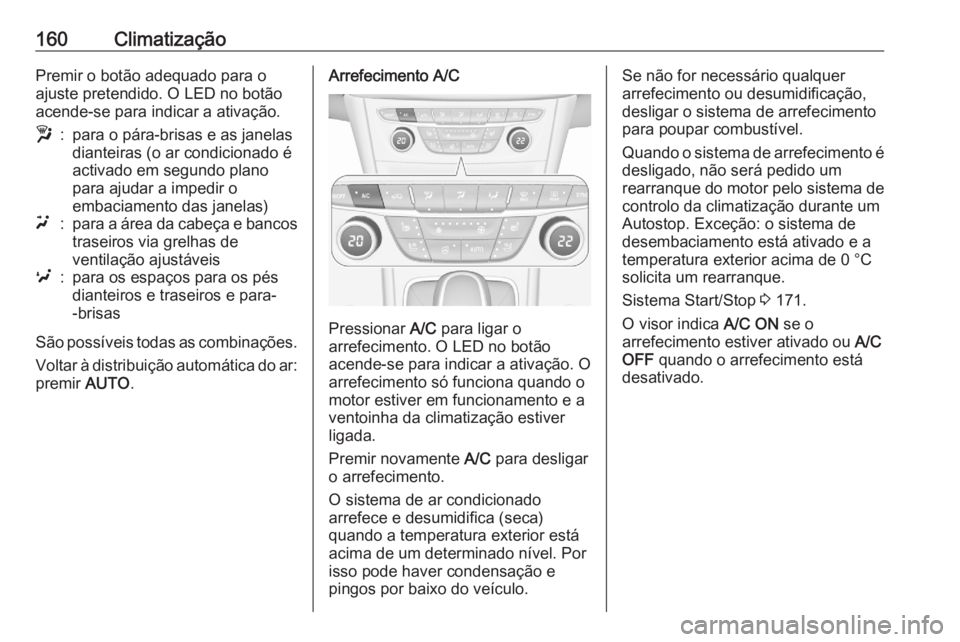 OPEL ASTRA K 2020  Manual de Instruções (in Portugues) 160ClimatizaçãoPremir o botão adequado para o
ajuste pretendido. O LED no botão
acende-se para indicar a ativação.w:para o pára-brisas e as janelas
dianteiras (o ar condicionado é
activado em 