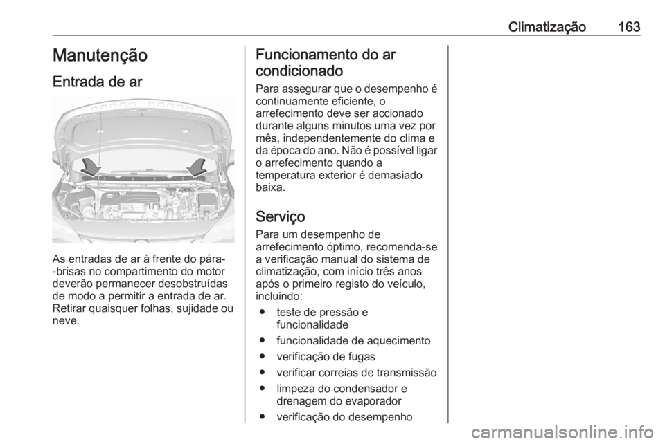OPEL ASTRA K 2020  Manual de Instruções (in Portugues) Climatização163Manutenção
Entrada de ar
As entradas de ar à frente do pára-
-brisas no compartimento do motor
deverão permanecer desobstruídas
de modo a permitir a entrada de ar.
Retirar quais