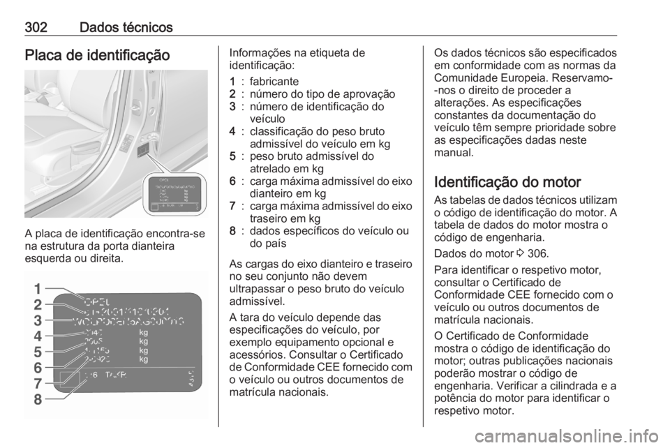OPEL ASTRA K 2020 Manual de Instruções (in Portugues) 302Dados técnicosPlaca de identificação
A placa de identificação encontra-se
na estrutura da porta dianteira
esquerda ou direita.
Informações na etiqueta de
identificação:1:fabricante2:númer OPEL ASTRA K 2020 Manual de Instruções (in Portugues) 302Dados técnicosPlaca de identificação
A placa de identificação encontra-se
na estrutura da porta dianteira
esquerda ou direita.
Informações na etiqueta de
identificação:1:fabricante2:númer