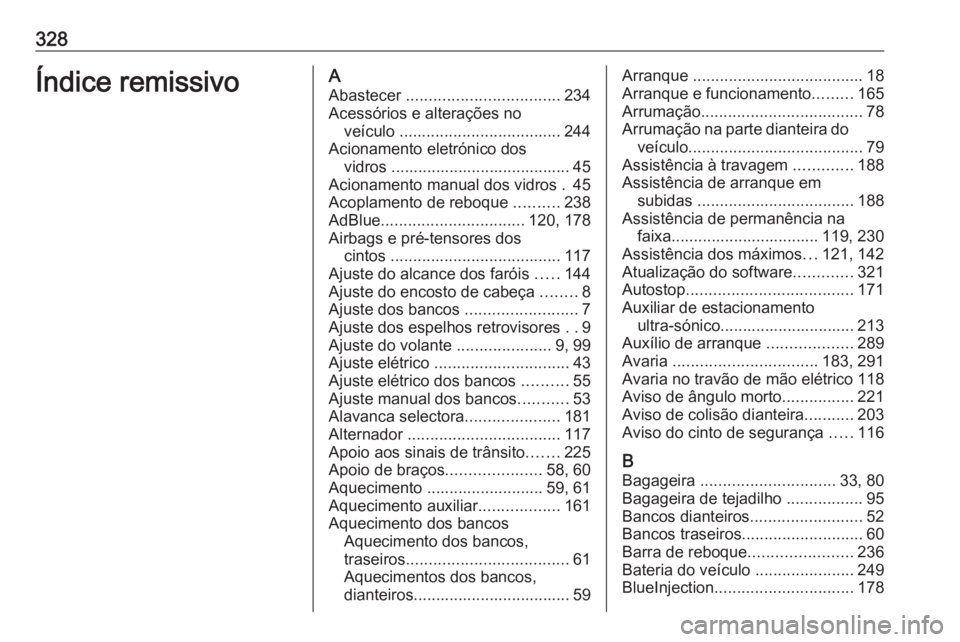 OPEL ASTRA K 2020  Manual de Instruções (in Portugues) 328Índice remissivoAAbastecer  .................................. 234
Acessórios e alterações no veículo  .................................... 244
Acionamento eletrónico dos vidros .............