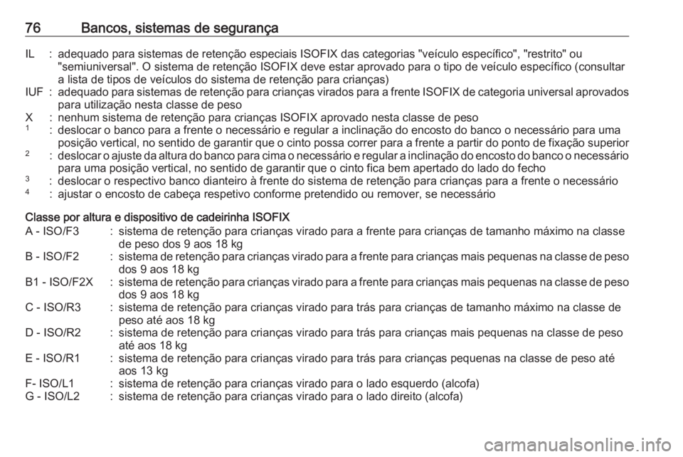 OPEL ASTRA K 2020 Manual de Instruções (in Portugues) 76Bancos, sistemas de segurançaIL:adequado para sistemas de retenção especiais ISOFIX das categorias "veículo específico", "restrito" ou
"semiuniversal". O sistema de rete OPEL ASTRA K 2020 Manual de Instruções (in Portugues) 76Bancos, sistemas de segurançaIL:adequado para sistemas de retenção especiais ISOFIX das categorias "veículo específico", "restrito" ou
"semiuniversal". O sistema de rete
