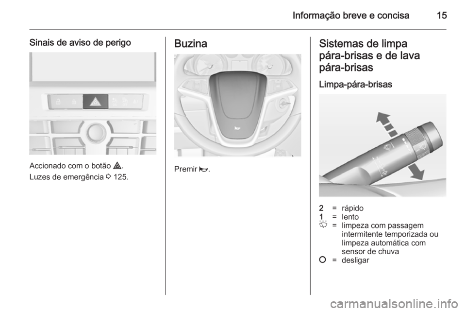 OPEL CASCADA 2014.5  Manual de Instruções (in Portugues) Informação breve e concisa15
Sinais de aviso de perigo
Accionado com o botão ¨.
Luzes de emergência  3 125.
Buzina
Premir  j.
Sistemas de limpa
pára‑brisas e de lava
pára‑brisas
Limpa-pára