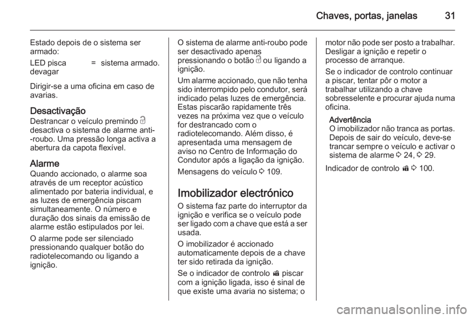 OPEL CASCADA 2014.5  Manual de Instruções (in Portugues) Chaves, portas, janelas31
Estado depois de o sistema ser
armado:LED pisca
devagar=sistema armado.
Dirigir-se a uma oficina em caso de
avarias.
Desactivação Destrancar o veículo premindo  c
desactiv