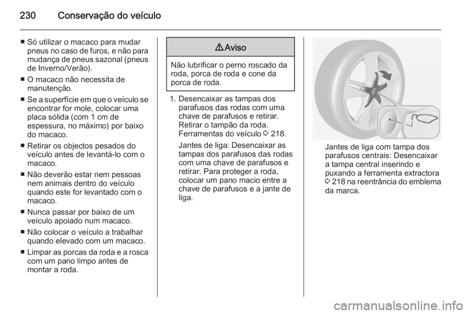 OPEL CASCADA 2015  Manual de Instruções (in Portugues) 230Conservação do veículo
■ Só utilizar o macaco para mudarpneus no caso de furos, e não para
mudança de pneus sazonal (pneus de Inverno/Verão).
■ O macaco não necessita de manutenção.
