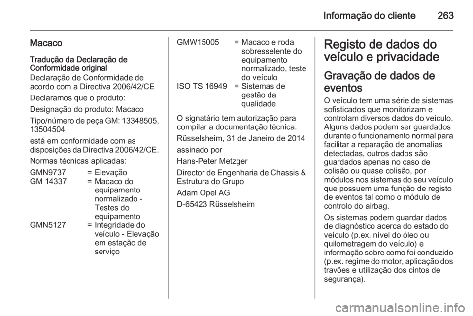 OPEL CASCADA 2015  Manual de Instruções (in Portugues) Informação do cliente263
MacacoTradução da Declaração de
Conformidade original
Declaração de Conformidade de
acordo com a Directiva 2006/42/CE
Declaramos que o produto:
Designação do produto