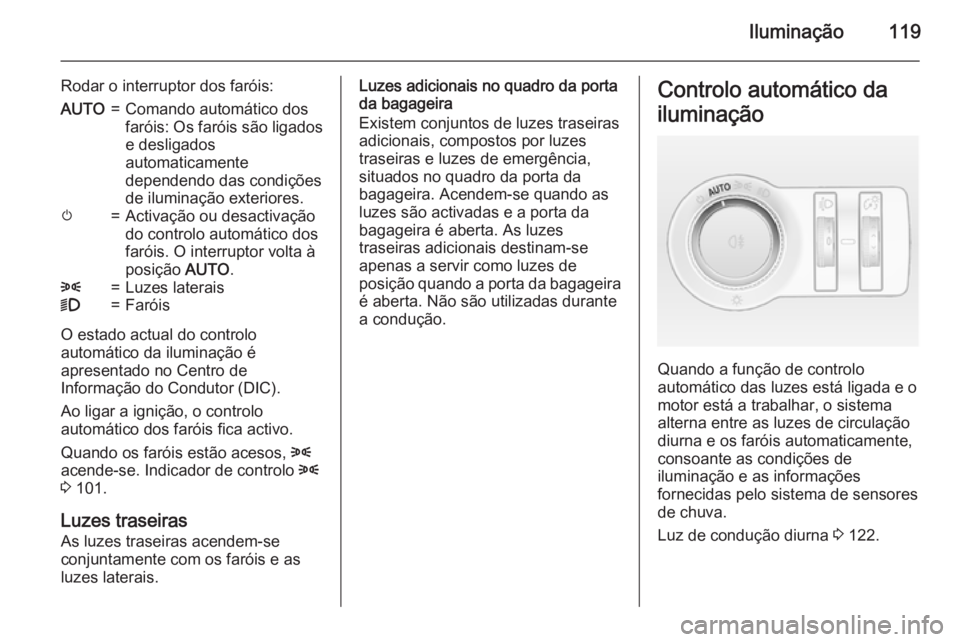 OPEL CASCADA 2015.5 Manual de Instruções (in Portugues) Iluminação119
Rodar o interruptor dos faróis:AUTO=Comando automático dos
faróis: Os faróis são ligados e desligados
automaticamente
dependendo das condições
de iluminação exteriores.m=Activ OPEL CASCADA 2015.5 Manual de Instruções (in Portugues) Iluminação119
Rodar o interruptor dos faróis:AUTO=Comando automático dos
faróis: Os faróis são ligados e desligados
automaticamente
dependendo das condições
de iluminação exteriores.m=Activ