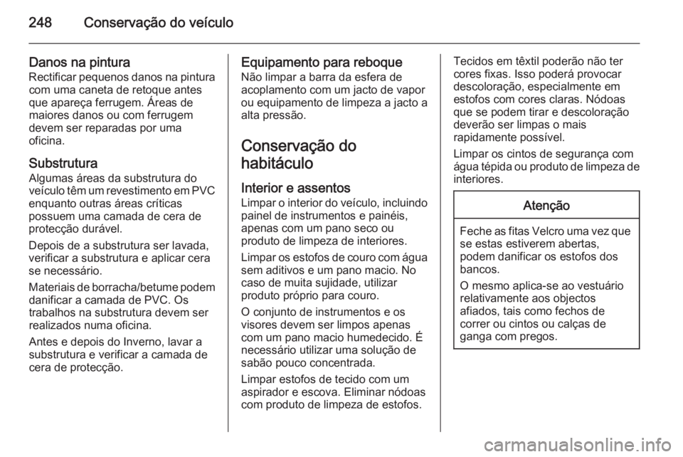 OPEL CASCADA 2015.5  Manual de Instruções (in Portugues) 248Conservação do veículo
Danos na pinturaRectificar pequenos danos na pintura com uma caneta de retoque antes
que apareça ferrugem. Áreas de
maiores danos ou com ferrugem
devem ser reparadas por