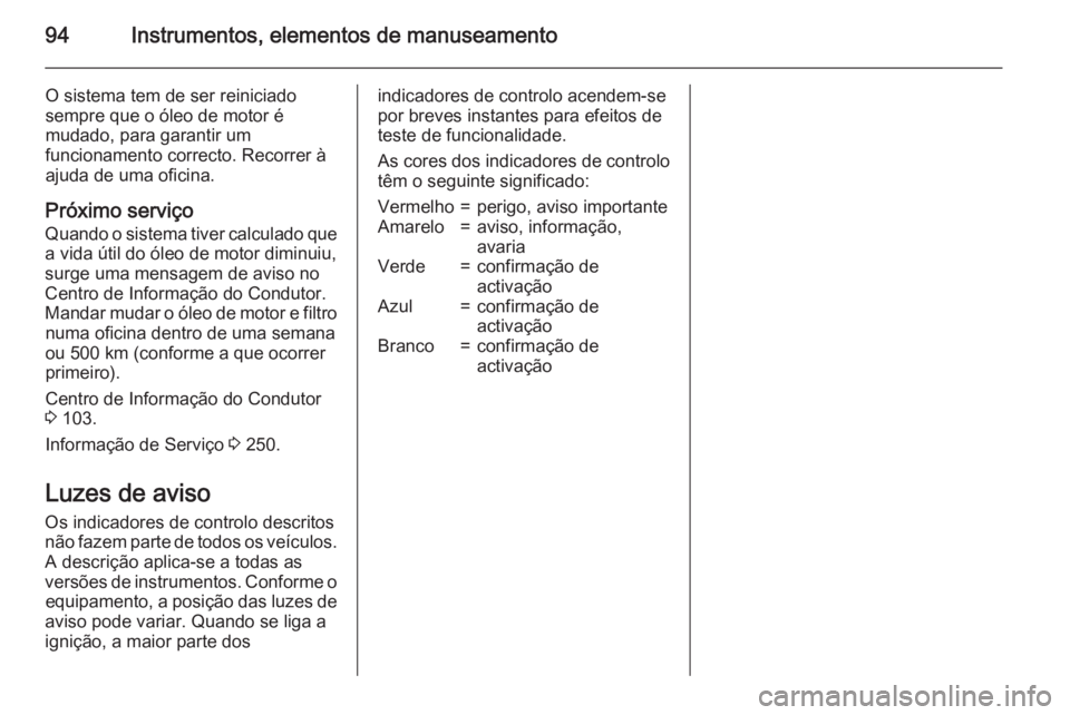 OPEL CASCADA 2015.5 Manual de Instruções (in Portugues) 94Instrumentos, elementos de manuseamento
O sistema tem de ser reiniciado
sempre que o óleo de motor é
mudado, para garantir um
funcionamento correcto. Recorrer à
ajuda de uma oficina.
Próximo ser OPEL CASCADA 2015.5 Manual de Instruções (in Portugues) 94Instrumentos, elementos de manuseamento
O sistema tem de ser reiniciado
sempre que o óleo de motor é
mudado, para garantir um
funcionamento correcto. Recorrer à
ajuda de uma oficina.
Próximo ser