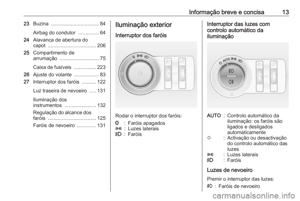 OPEL CASCADA 2016  Manual de Instruções (in Portugues) Informação breve e concisa1323Buzina  .................................. 84
Airbag do condutor  ..............64
24 Alavanca de abertura do
capot  .................................. 206
25 Compartim