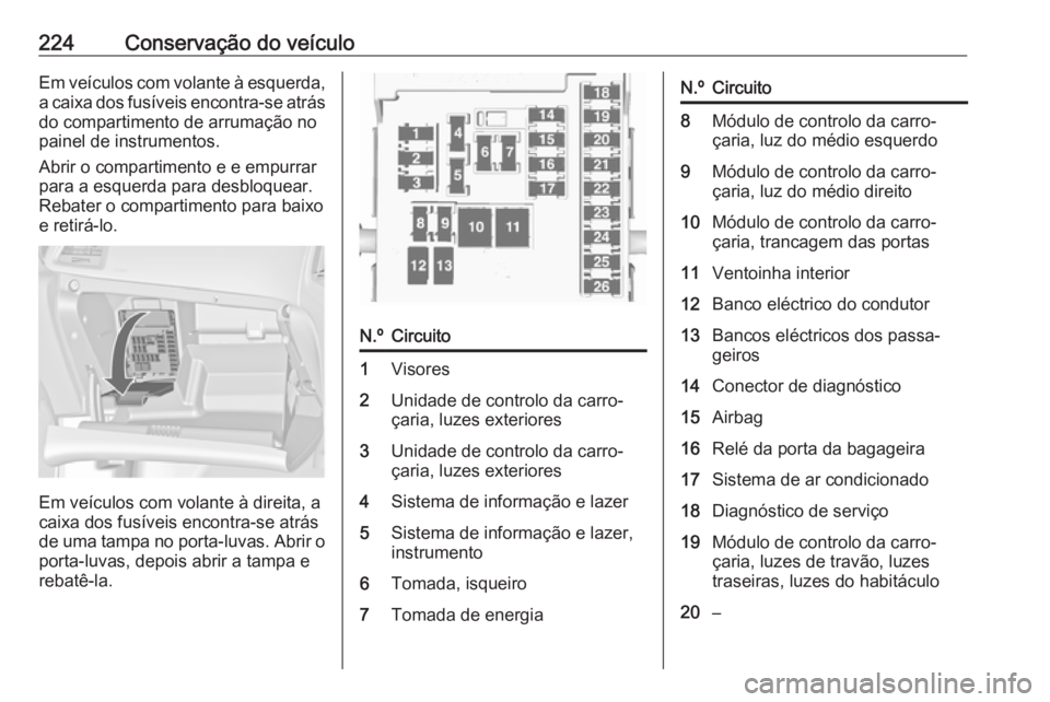 OPEL CASCADA 2016 Manual de Instruções (in Portugues) 224Conservação do veículoEm veículos com volante à esquerda,a caixa dos fusíveis encontra-se atrás
do compartimento de arrumação no
painel de instrumentos.
Abrir o compartimento e e empurrar
OPEL CASCADA 2016 Manual de Instruções (in Portugues) 224Conservação do veículoEm veículos com volante à esquerda,a caixa dos fusíveis encontra-se atrás
do compartimento de arrumação no
painel de instrumentos.
Abrir o compartimento e e empurrar