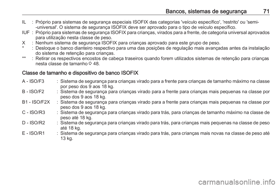OPEL CASCADA 2016  Manual de Instruções (in Portugues) Bancos, sistemas de segurança71IL:Próprio para sistemas de segurança especiais ISOFIX das categorias 'veículo específico', 'restrito' ou 'semi--universal'. O sistema de se