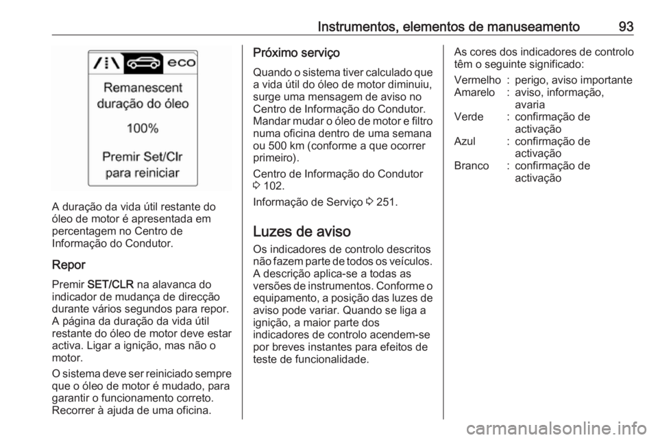 OPEL CASCADA 2016 Manual de Instruções (in Portugues) Instrumentos, elementos de manuseamento93
A duração da vida útil restante do
óleo de motor é apresentada em
percentagem no Centro de
Informação do Condutor.
Repor Premir SET/CLR na alavanca d OPEL CASCADA 2016 Manual de Instruções (in Portugues) Instrumentos, elementos de manuseamento93
A duração da vida útil restante do
óleo de motor é apresentada em
percentagem no Centro de
Informação do Condutor.
Repor Premir SET/CLR na alavanca d